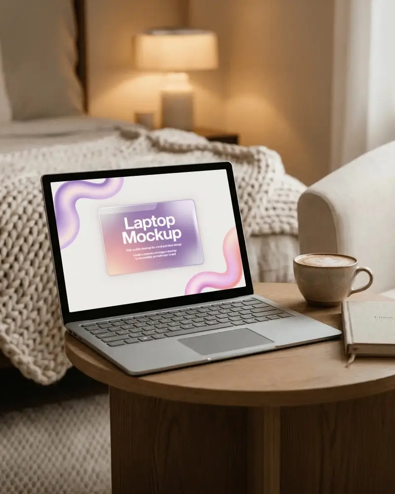 Cozy Bedroom Laptop Mockup On Round Wood Side Table With Warm Ambient Light