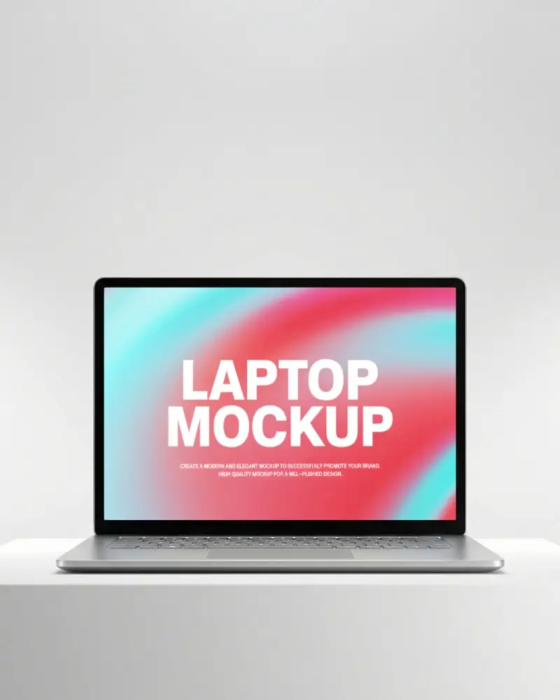 Ultra Minimal Studio Laptop Mockup On Clean White Pedestal Balanced Soft Lighting