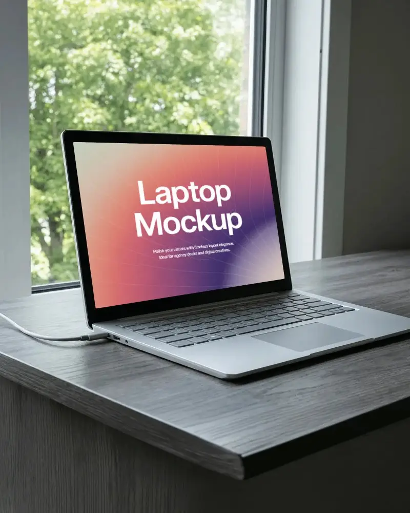 Natural Window Light Laptop Mockup On Modern Wood Desk With Clean Composition