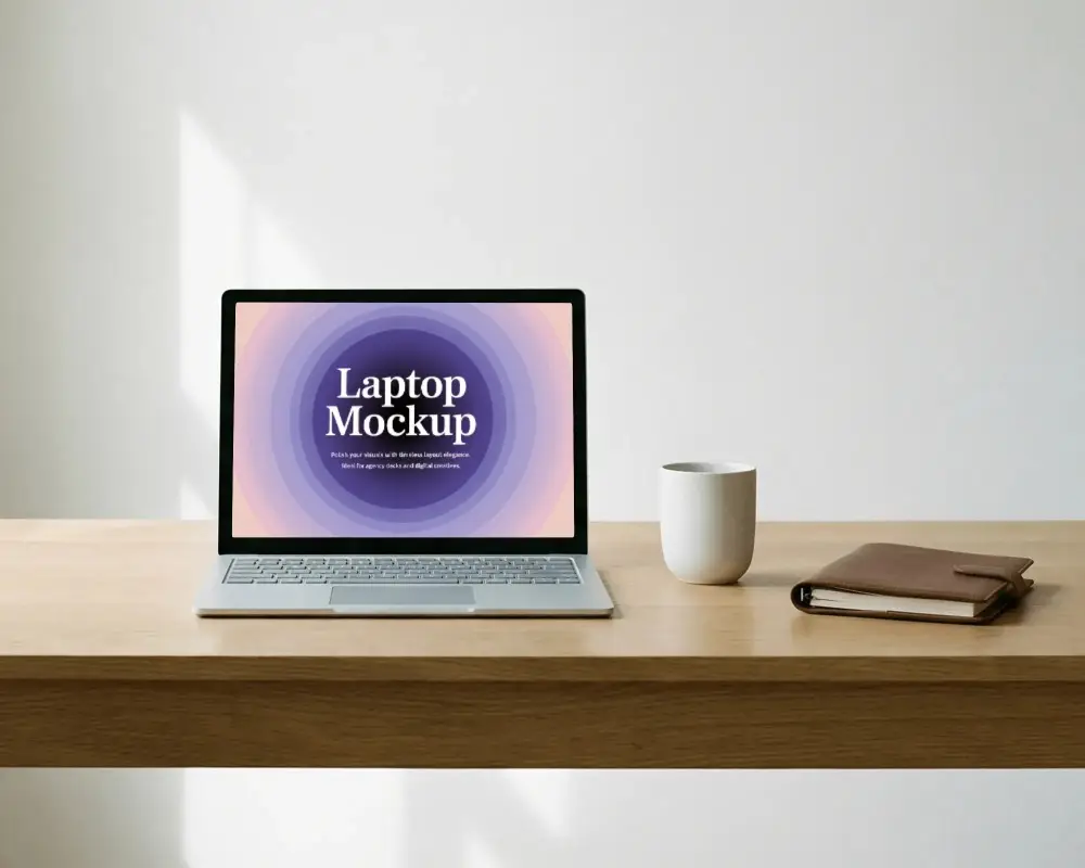 Minimal Wooden Desk Laptop Mockup With Coffee Cup And Journal Arrangement