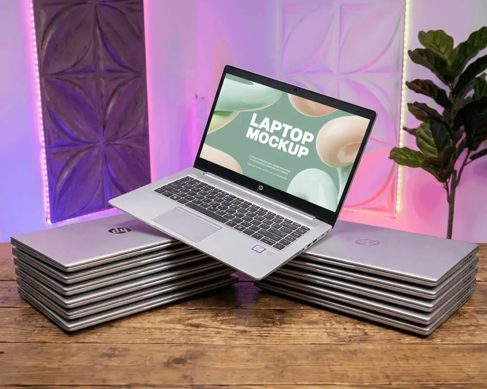 Neon Lit Studio Laptop Mockup Balancing On Stack Of Devices With Modern Background