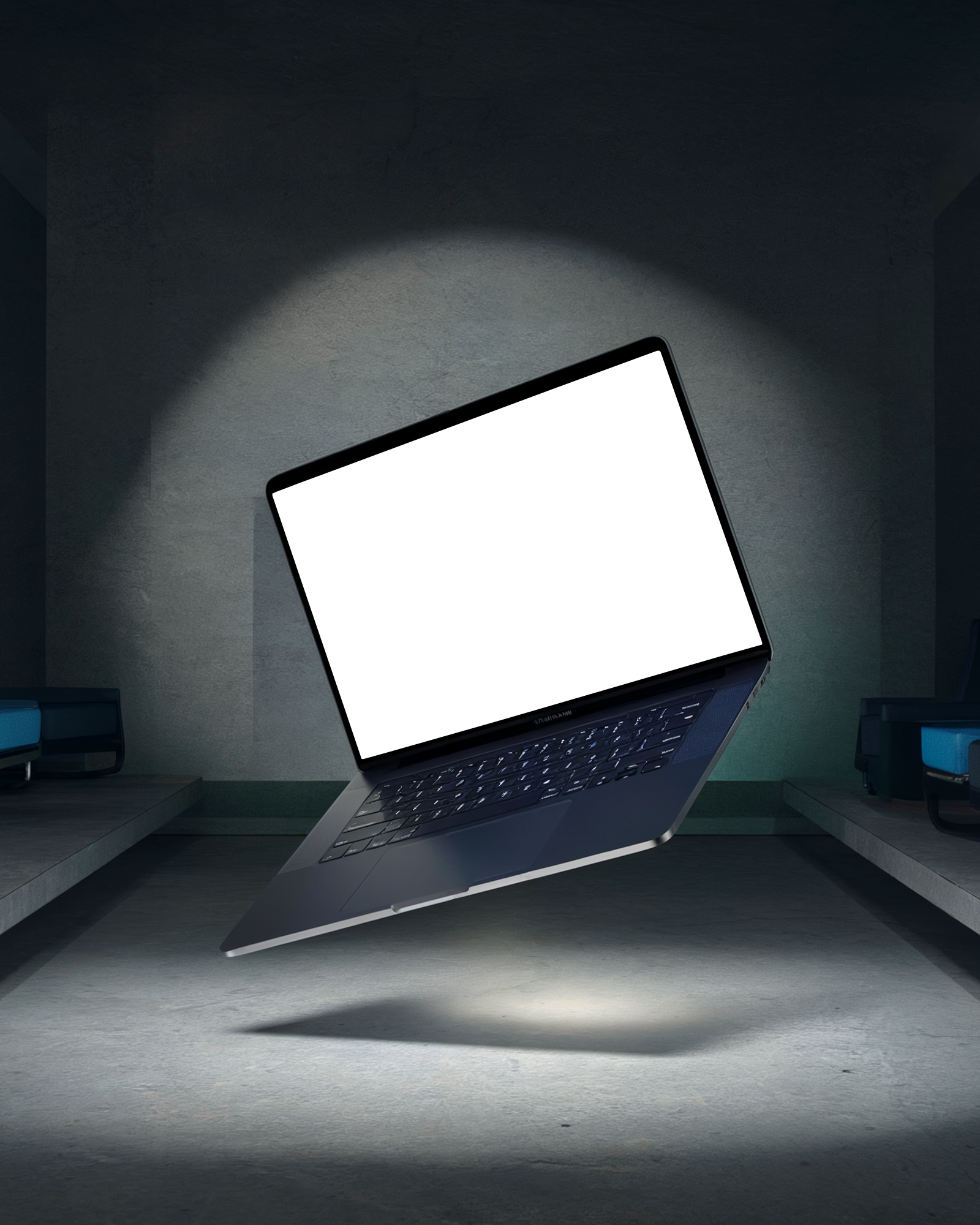 Sci Fi Floating Laptop Mockup Dark Futuristic Room With Spotlight Levitating Device High Tech Ambience 079