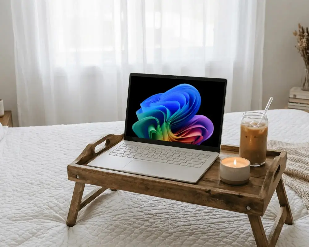 Laptop Mockup On Folding Bed Tray With Cup And Candle Cozy Workspace At Home Setting