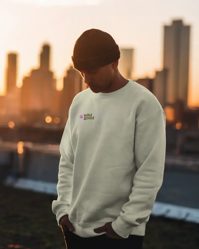 Urban Casual Mens Sweatshirt Apparel Logo Mockup Outdoor Stylish Sunset Cityscape Fashion Top Wear