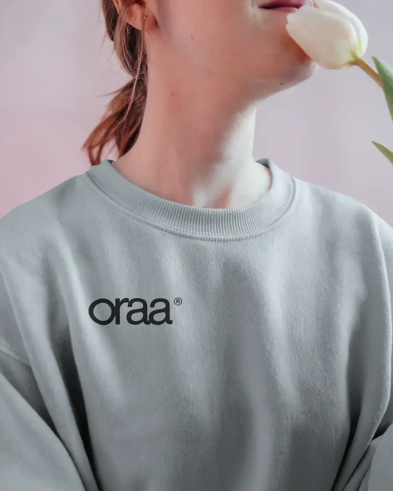 Cozy Casual Woman Wearing Comfortable Soft Round Neck Apparel Sweatshirt Logo Mockup