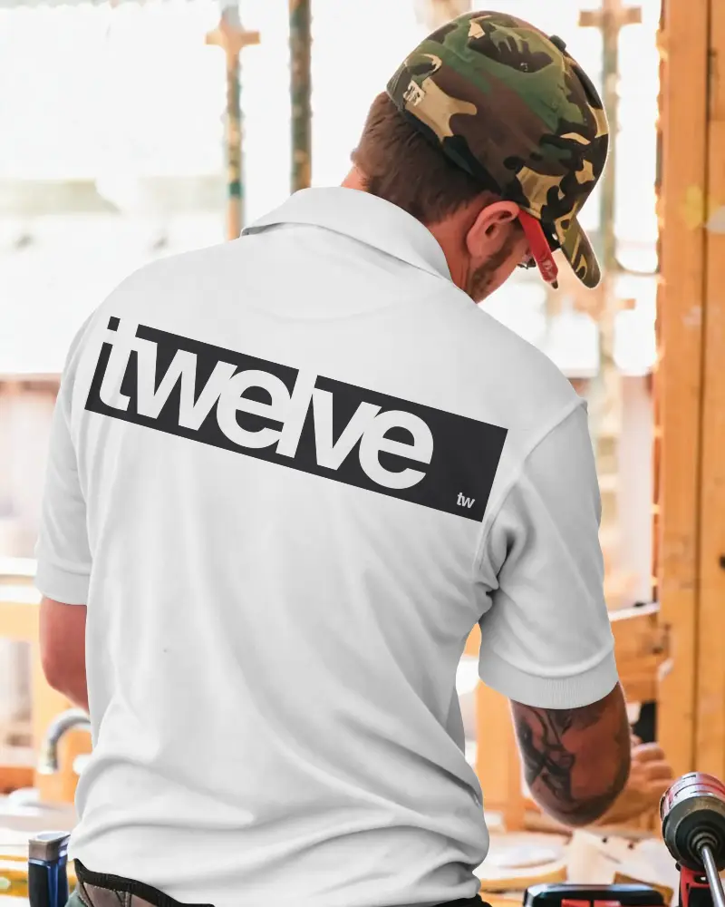 Custom Short Sleeve Polo Shirt Logo Mockup Man Working With Tools Apparel