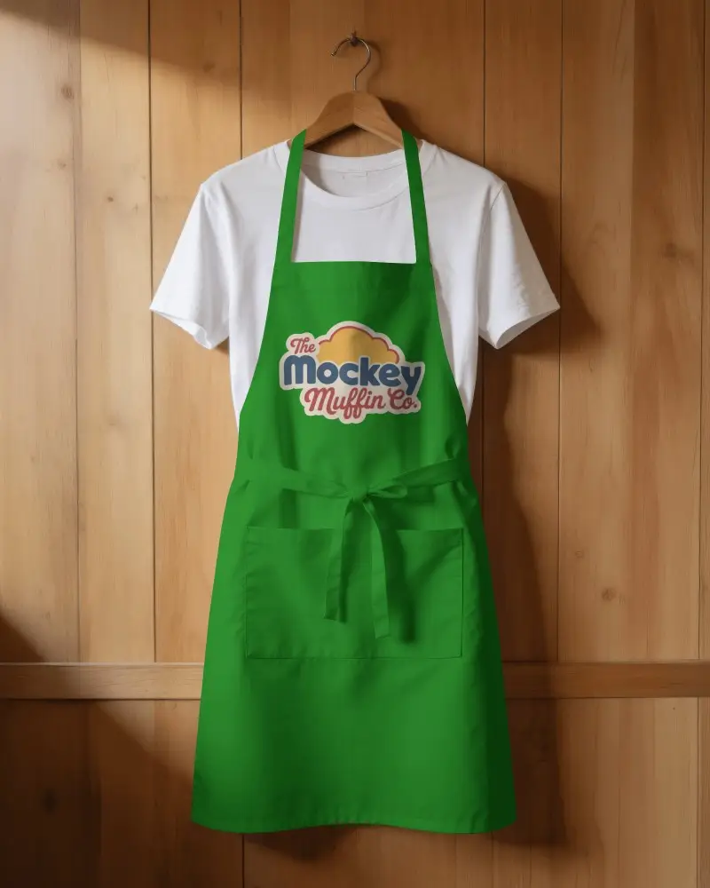 Wooden Wall Apron Mockup Layered Over Tee Natural Warm Lighting Clean Kitchen Style