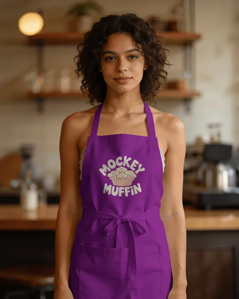 Female Model Apron Mockup Front Portrait Cafe Cozy Kitchen Background Soft Warm Light