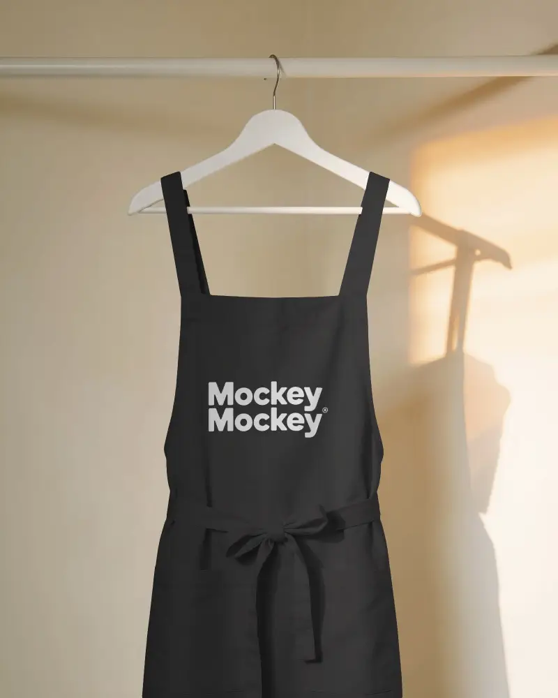 Cafe Apron Mockup Hanging On White Hanger Soft Golden Hour Lighting Clean Shadow Gradient Wall