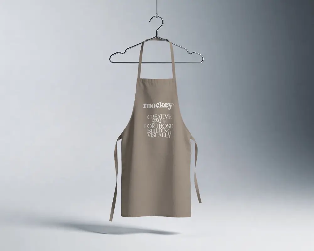 Minimal Wire Hanger Apron Mockup Centered Front View Soft Gradient Studio Subtle Shadow Depth