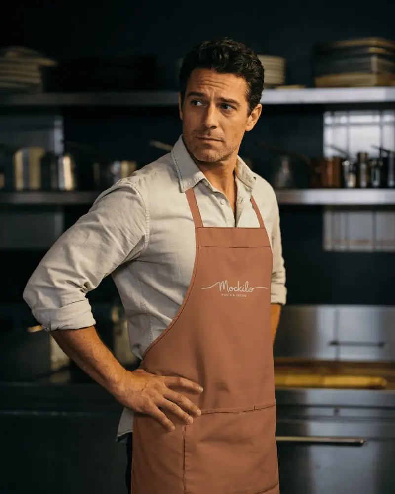 Chef Apron Mockup On Male Model Standing In Professional Kitchen Moody Light