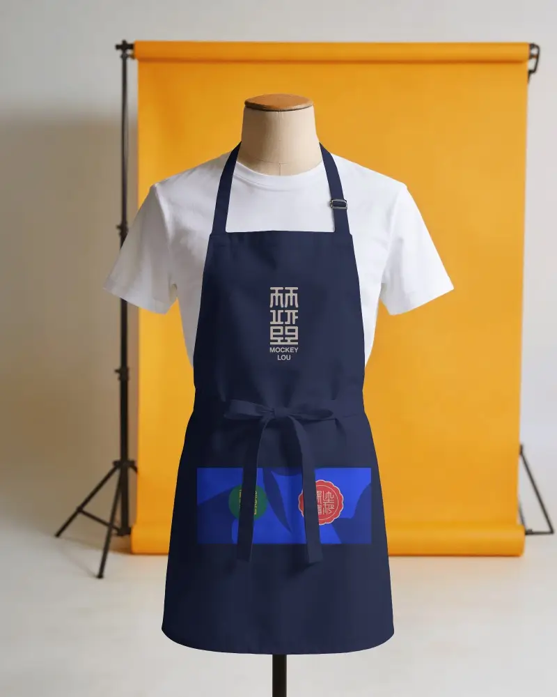 Studio Apron Mockup On Mannequin With Tshirt Bold Yellow Backdrop Clean Setup Commercial Style