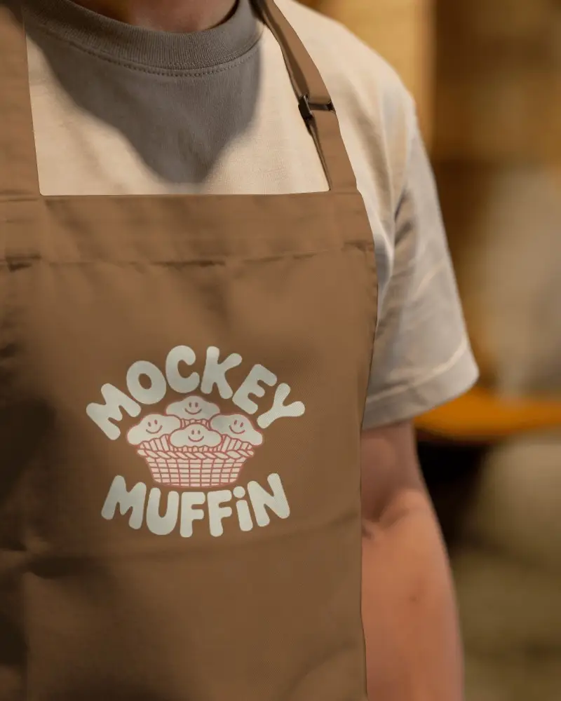 Apron Fabric Closeup Mockup On Model Torso Soft Cafe Lighting Depth Background Bokeh