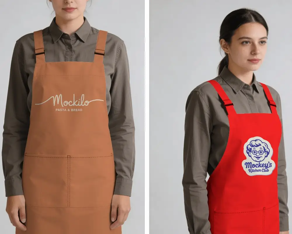 Split View Apron Mockup Front And Angle On Female Model Clean Studio Light Three Quarter Angle
