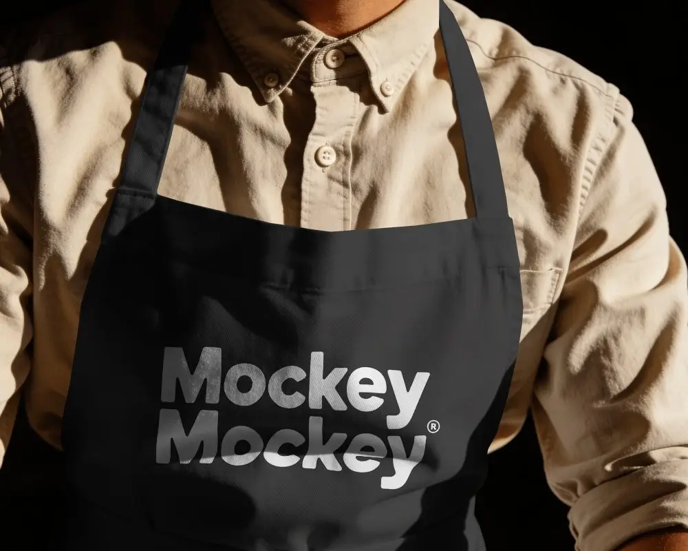 Barber Dramatic Light Apron Mockup Closeup On Model Chest Area Strong Shadow Contrast