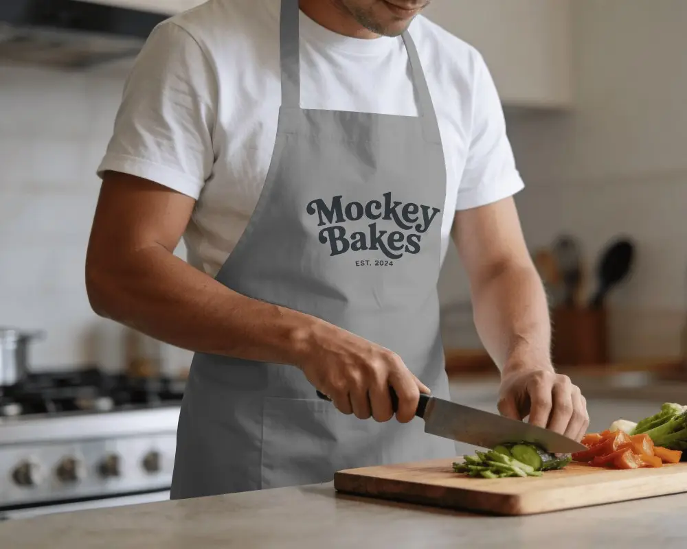 Home Cooking Apron Mockup On Male Model Chopping Vegetables Kitchen Scene