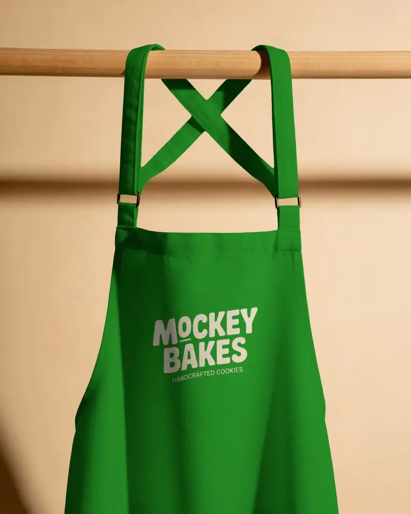 Gardener Strap Detail Apron Mockup Cross Back View Wooden Bar Soft Shadow Light Minimal Background