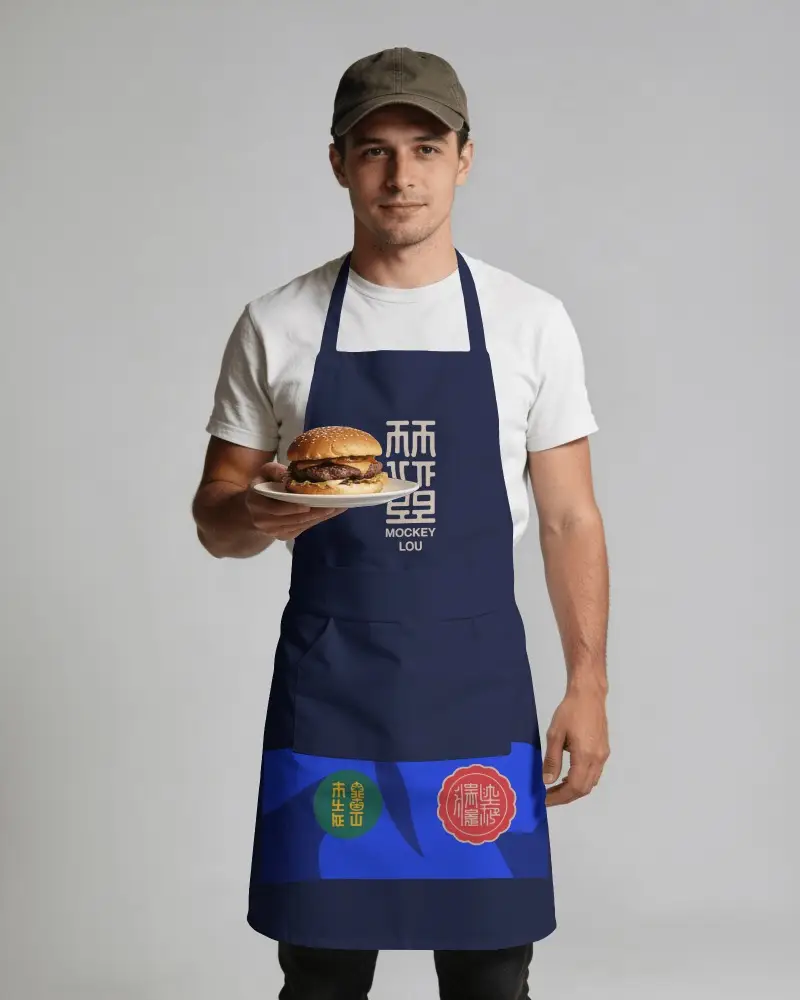 Food Service Apron Mockup On Male Model Holding Burger Clean Studio Background