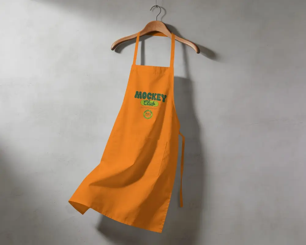 Wooden Hanger Apron Mockup Angled Hanging View Soft Wall Shadow Depth Composition