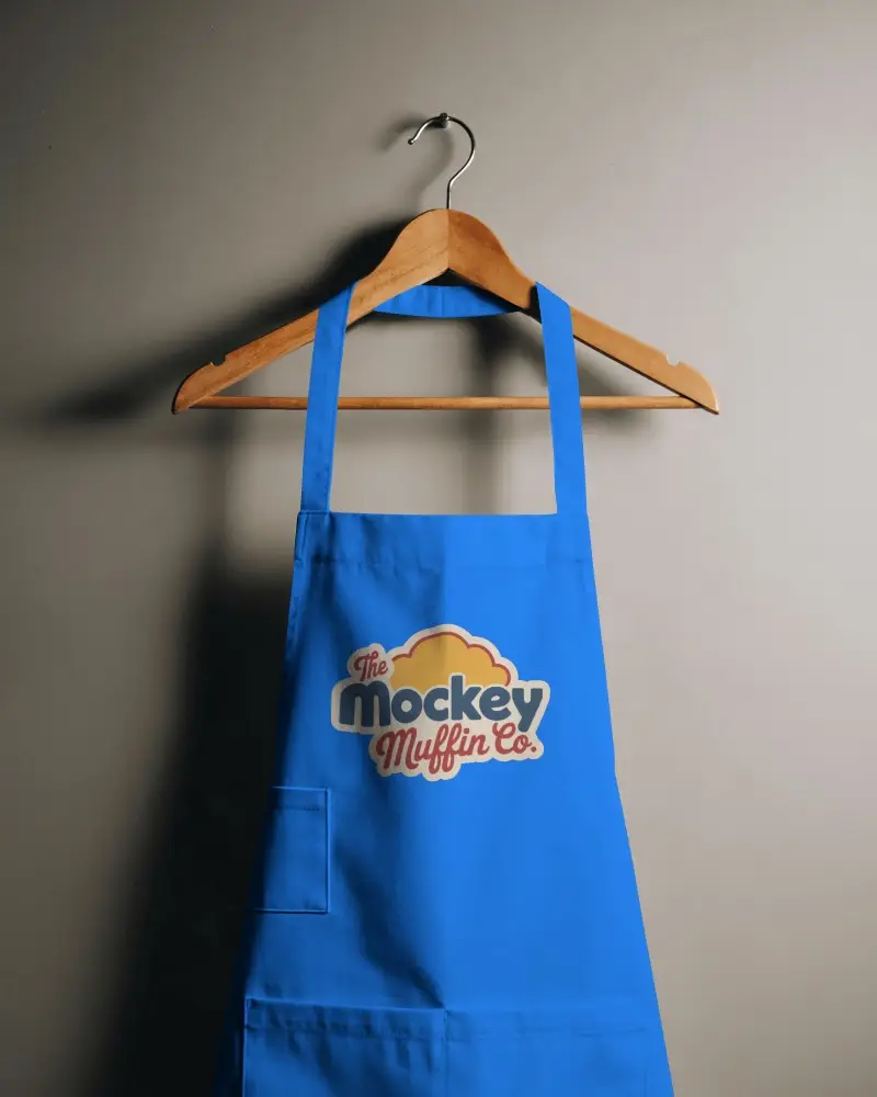 Wood Hanger Chef Apron Mockup Front View Soft Shadow Textured Minimal Wall Natural Light Falloff