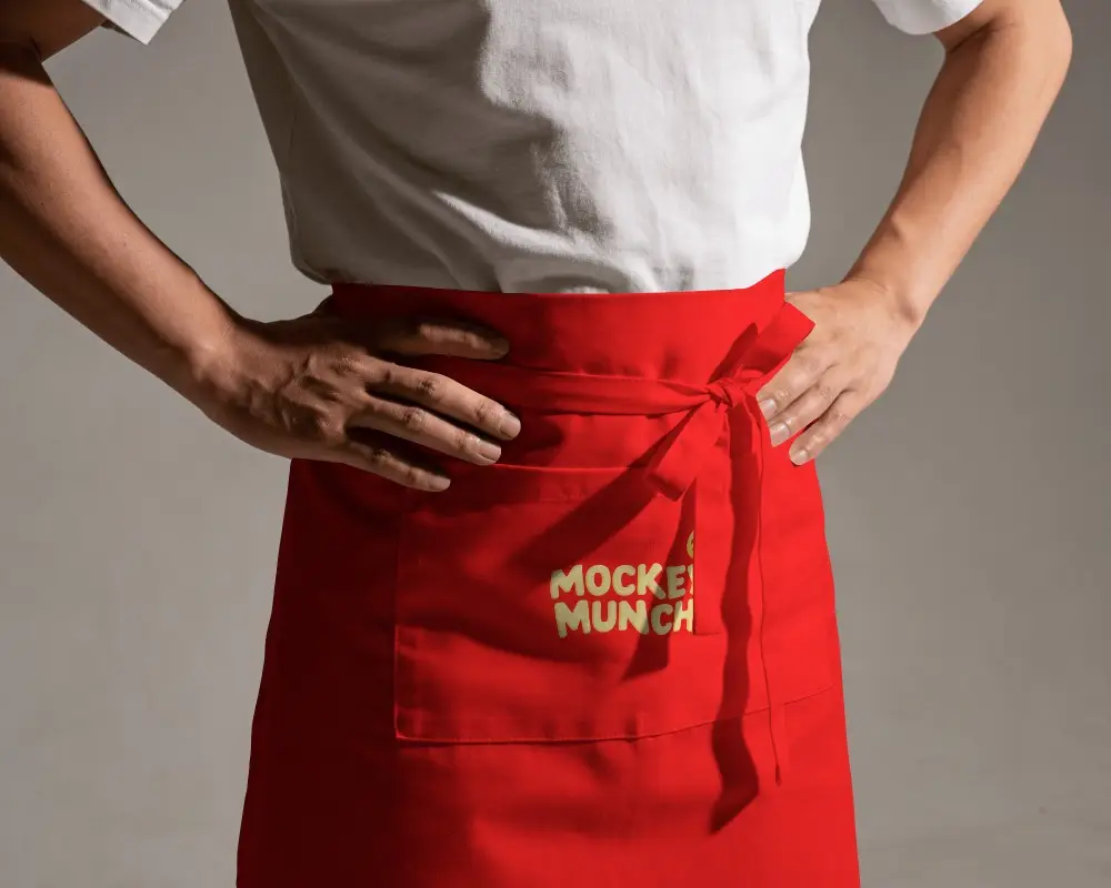 Waist Tie Apron Mockup Closeup On Model Hands On Hips Soft Studio Light Balanced Light