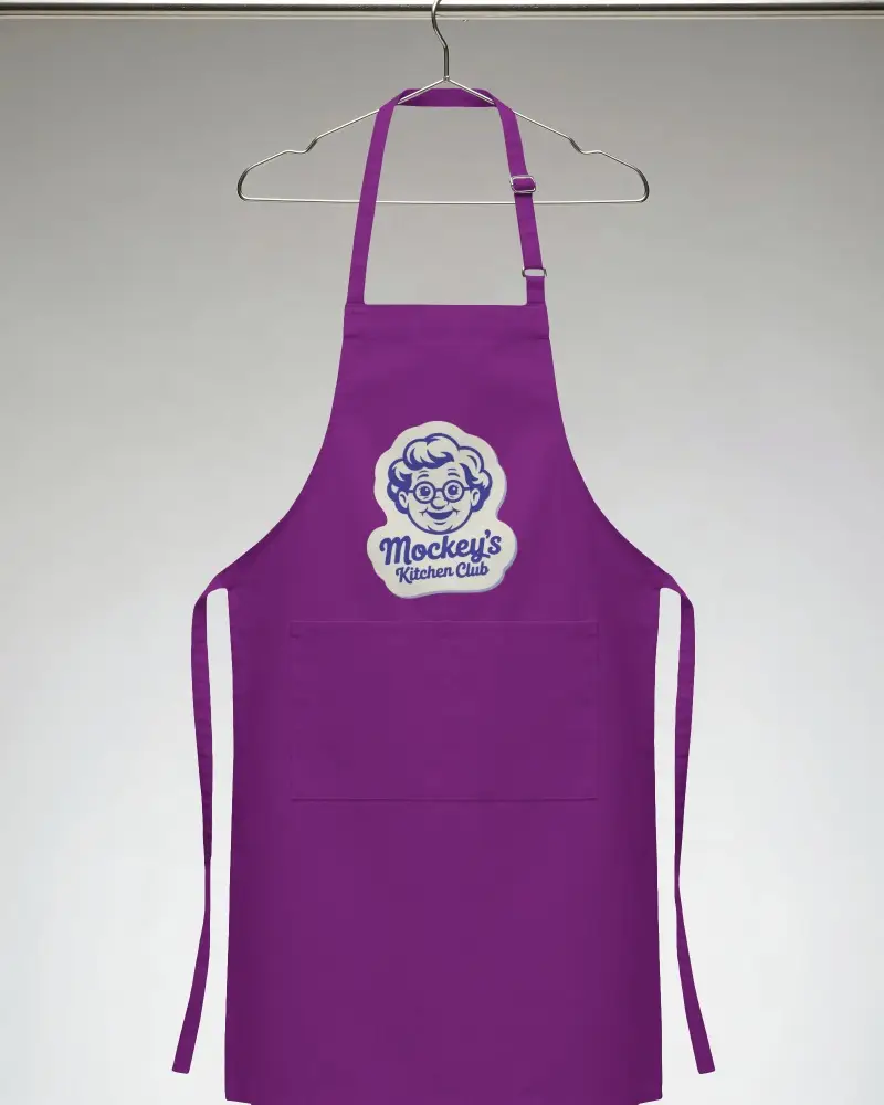 Gardener Adjustable Strap Apron Mockup On Wire Hanger Front View Clean Grey Background