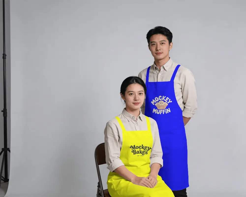 Dual Model Chef Apron Mockup Seated And Standing Portrait Clean Studio Background