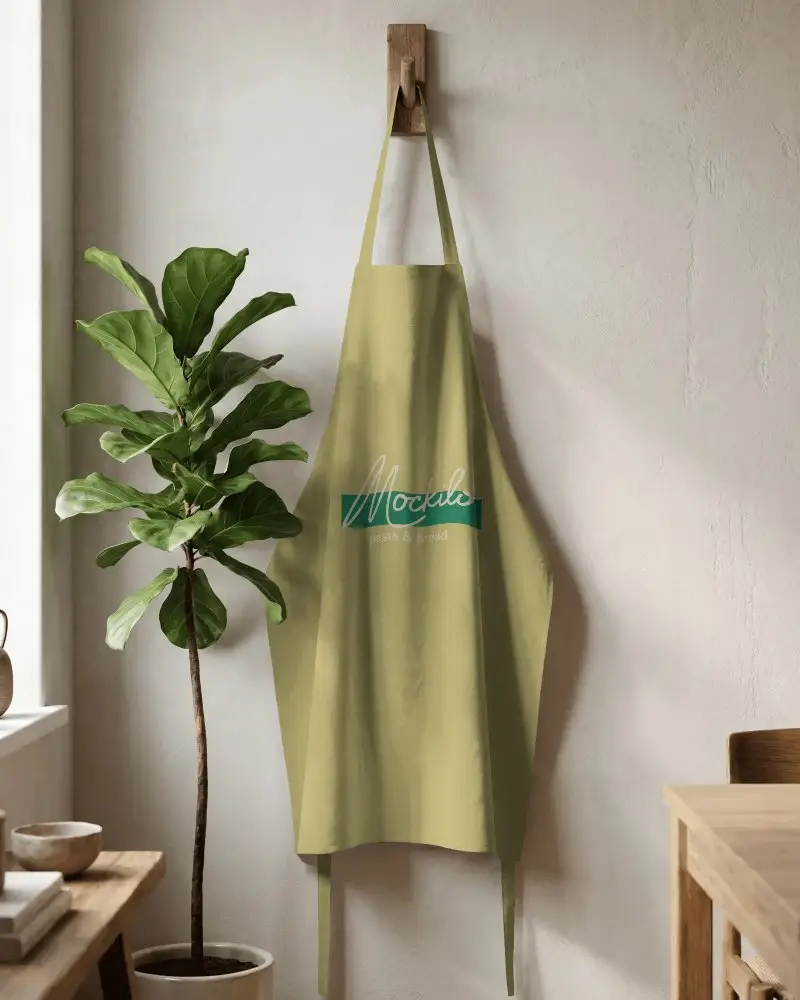 High Quality Kitchen Apron Hanging On Wall Next To Indoor Plant And Modern Wooden Furniture