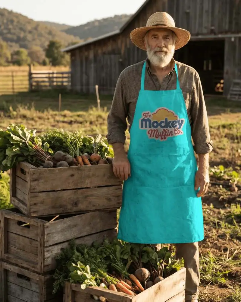 Rustic Farmer Wearing Sturdy Apron Harvesting Fresh Organic Vegetables From Garden