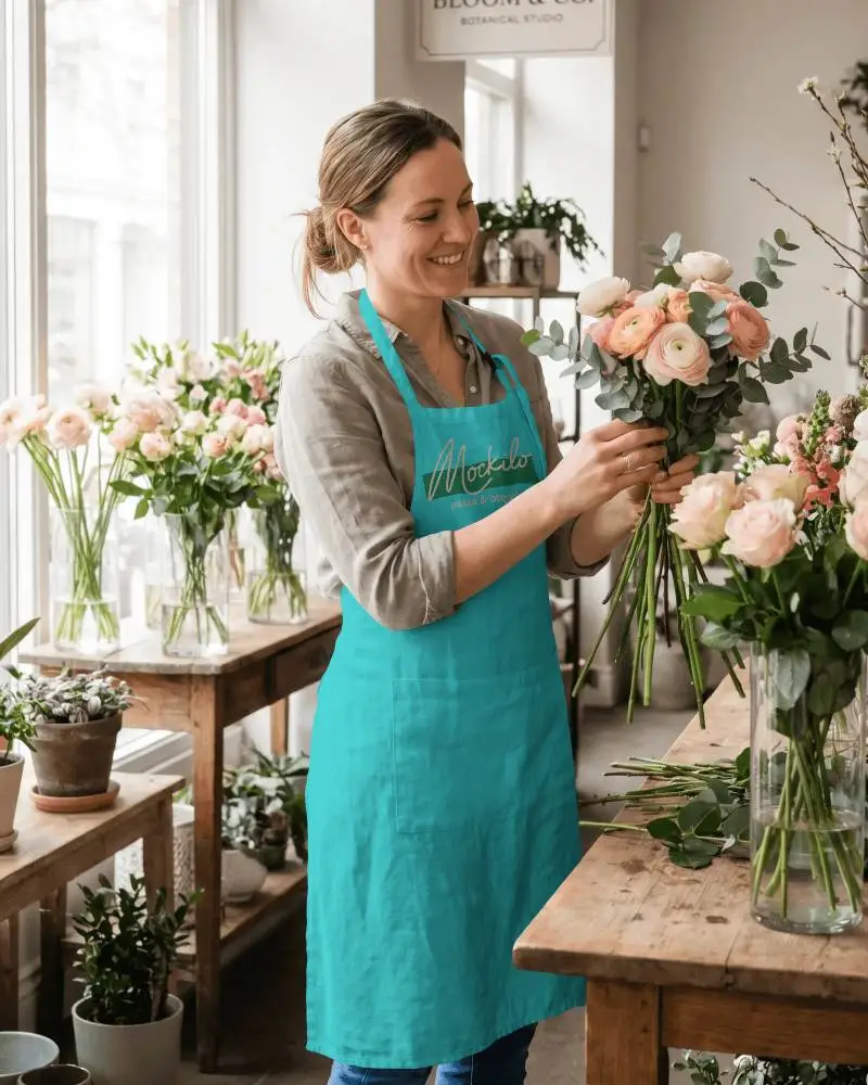 Florist In Apron Arranging Fresh Rose Bouquet In Boutique Flower Shop Interior