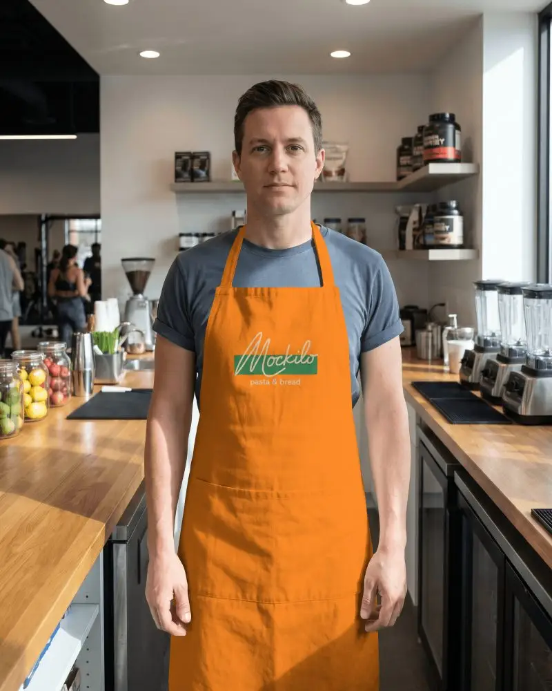 Cafe Apron Mockup Male Barista Standing Behind Counter In Modern Coffee Shop Wooden Counter