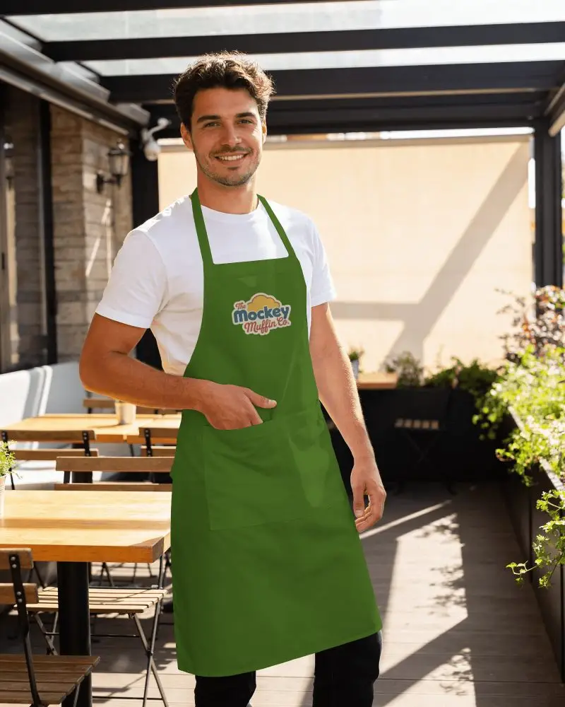 Outdoor Cafe Apron Mockup Male Waiter Standing On Sunny Patio With Wooden Tables