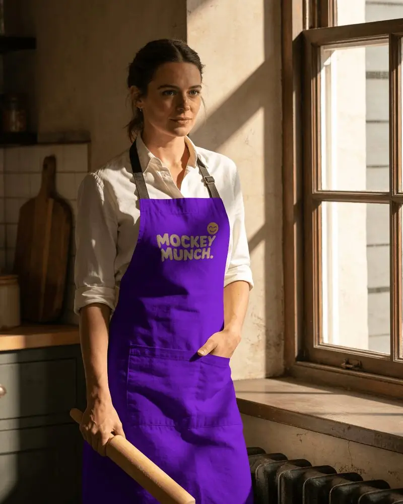 Rustic Kitchen Chef Apron Mockup Female Baker Standing Beside Window With Warm Sunlight