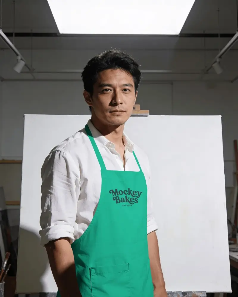Artist Apron Mockup Male Painter Standing In Studio With Blank Canvas Background