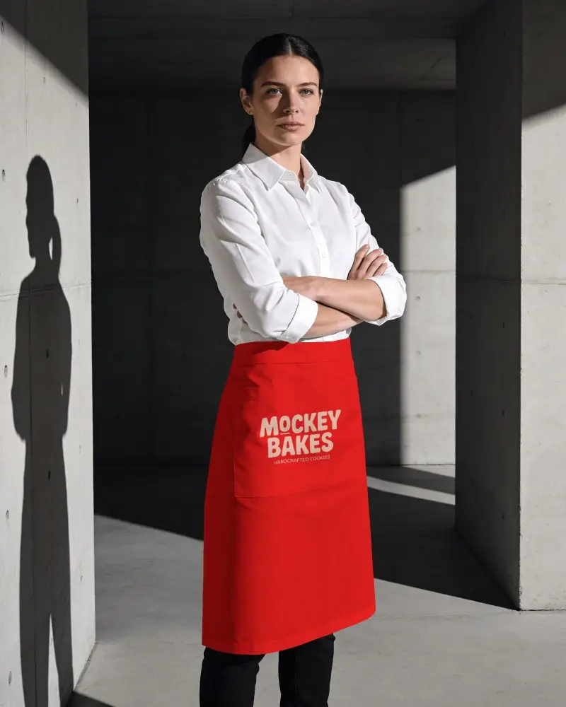 Modern Half Apron Mockup Female Model Standing With Arms Crossed In Minimal Concrete Space