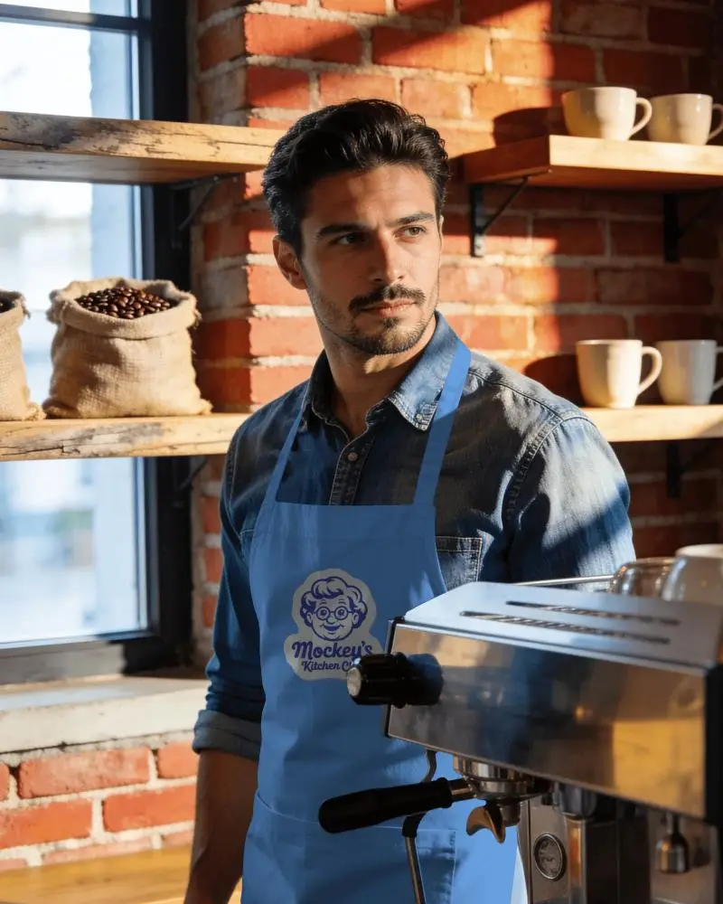 Brick Wall Cafe Apron Mockup Male Barista Standing Beside Espresso Machine Brick Background