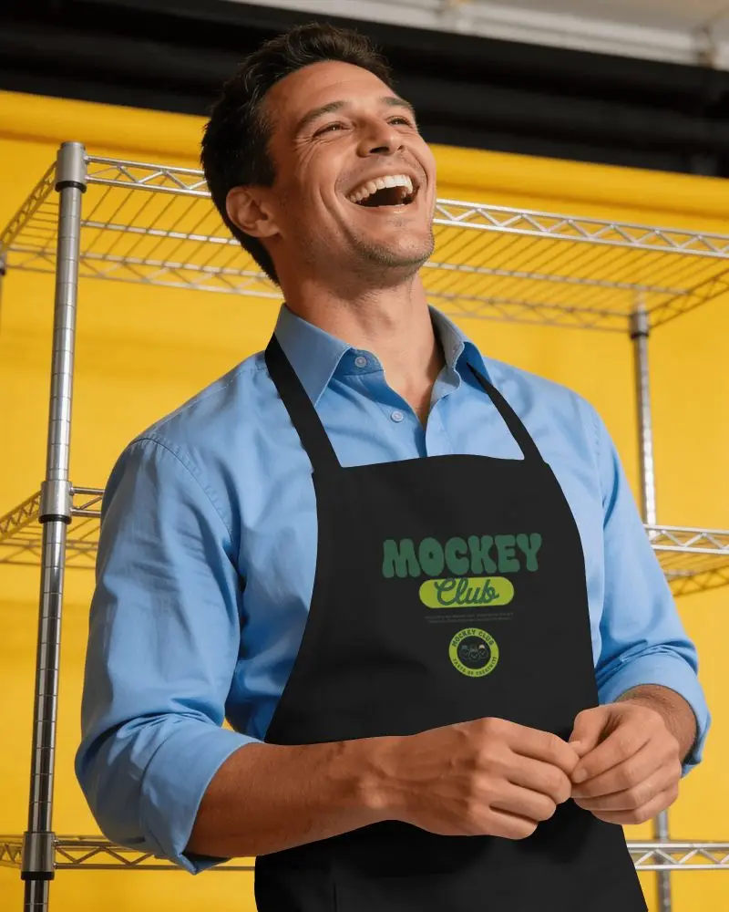 Cheerful Apron Mockup Male Model Laughing Against Bold Yellow Studio Background And Shelf Display