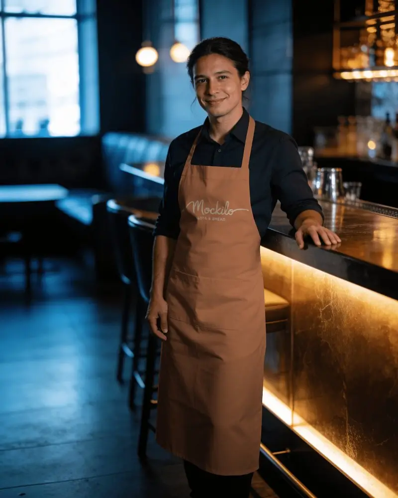 Bar Apron Mockup Male Bartender Standing Beside Luxury Counter In Moody Lighting Ambient Background