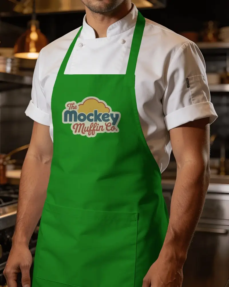 Chef Apron Mockup Male Cook In Professional Kitchen With Premium Uniform Closeup