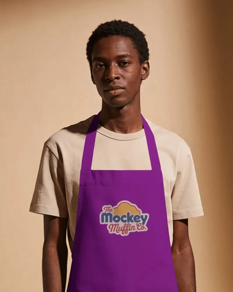 Minimal Studio Apron Mockup Male Model Against Warm Beige Background Neutral Editorial Setup