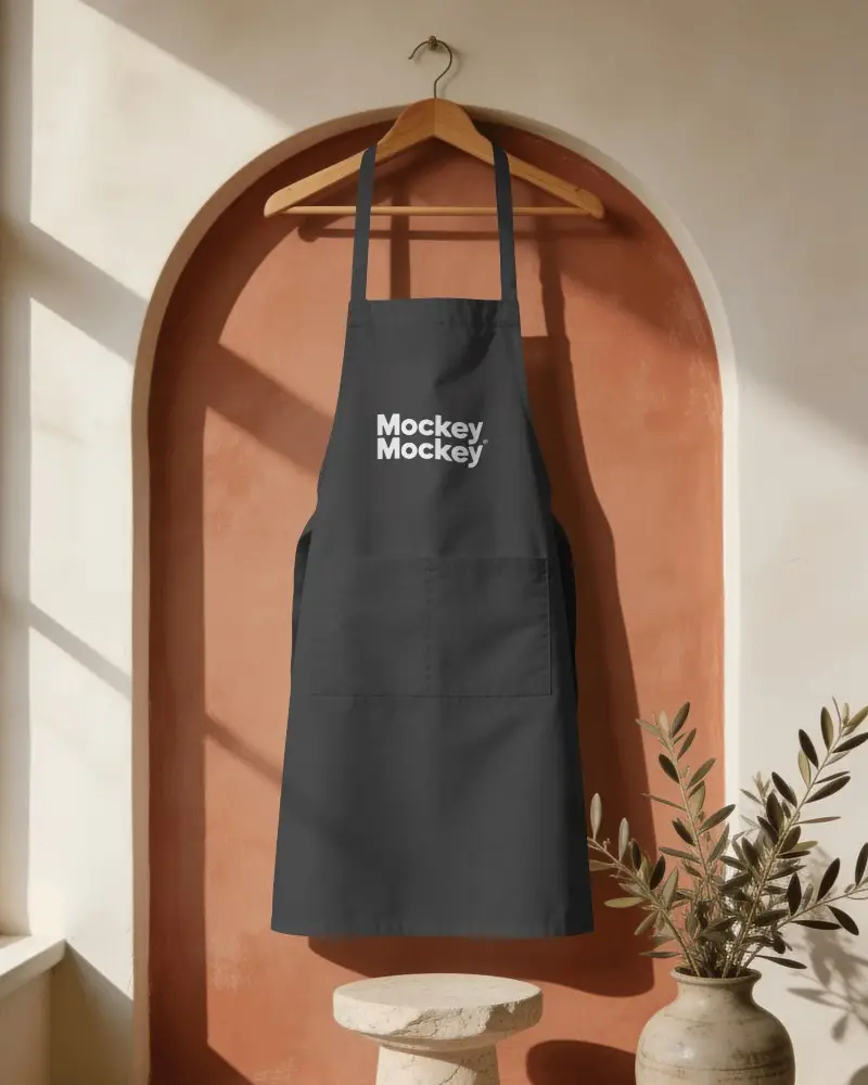 Sunlit Gardener Apron Mockup Hanging On Wooden Hanger Inside Warm Arched Niche Setting
