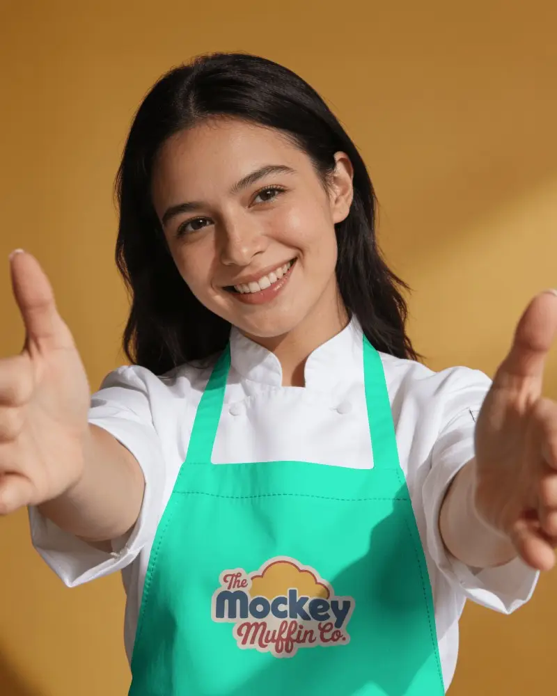 Premium Chef Apron Mockup Front View Female Model In White Kitchen Uniform With Welcoming Pose