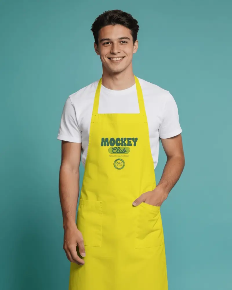 Smiling Male Barber Apron Mockup With Hand In Pocket On Clean Teal Studio Background
