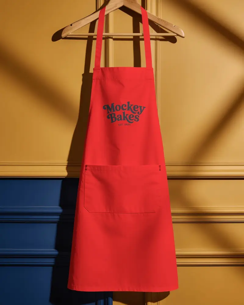 Sunlit Chef Apron Mockup Hanging On Wooden Hanger Against Mustard And Navy Paneled Wall