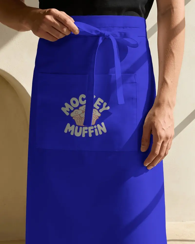 Close Up Waiter Apron Mockup With Tied Waist Knot Front Pocket And Hard Sunlight Shadow