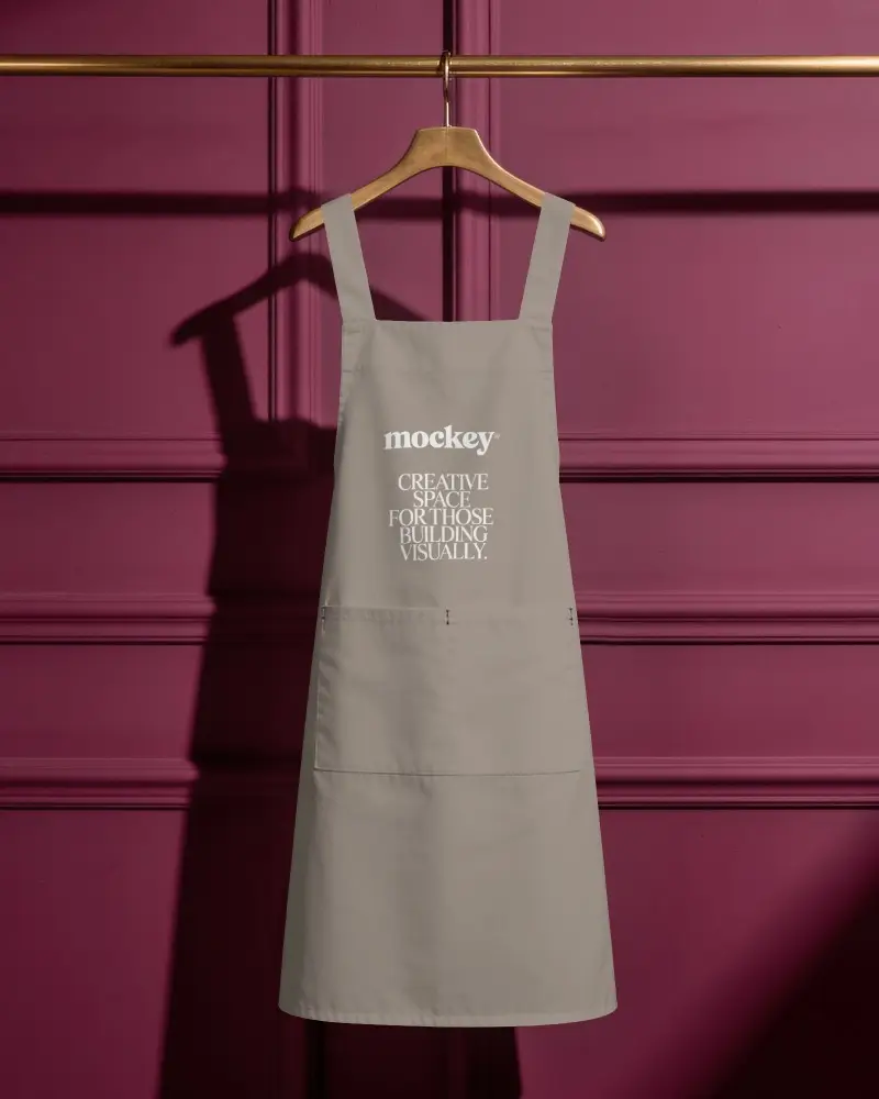 Sunlit Gardener Apron Mockup Hanging On Wooden Hanger Against Deep Magenta Paneled Wall