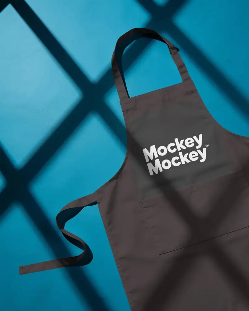 Sunlit Barber Apron Mockup On Blue Background With Window Shadow And Front Pocket Detail