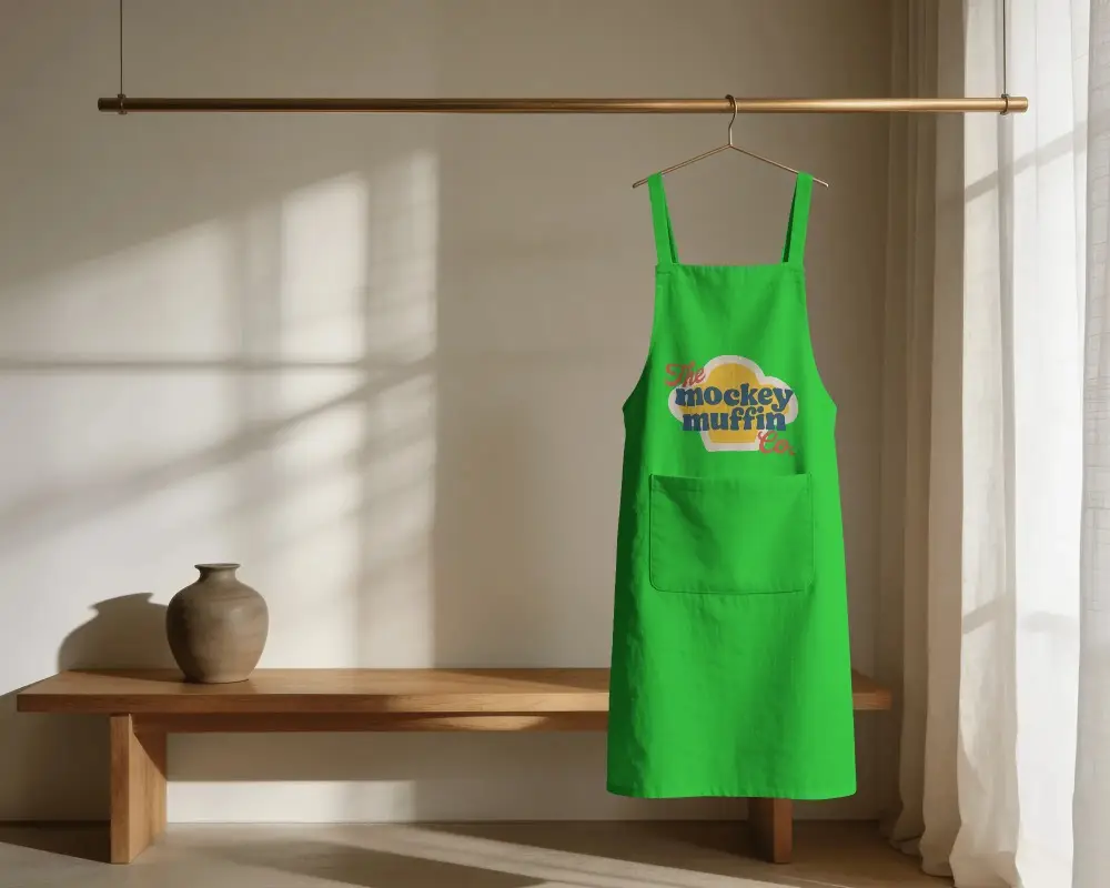 Linen Apron Mockup With Front Pocket Hanging On Golden Rod Minimalist Kitchen Interior Decor Style