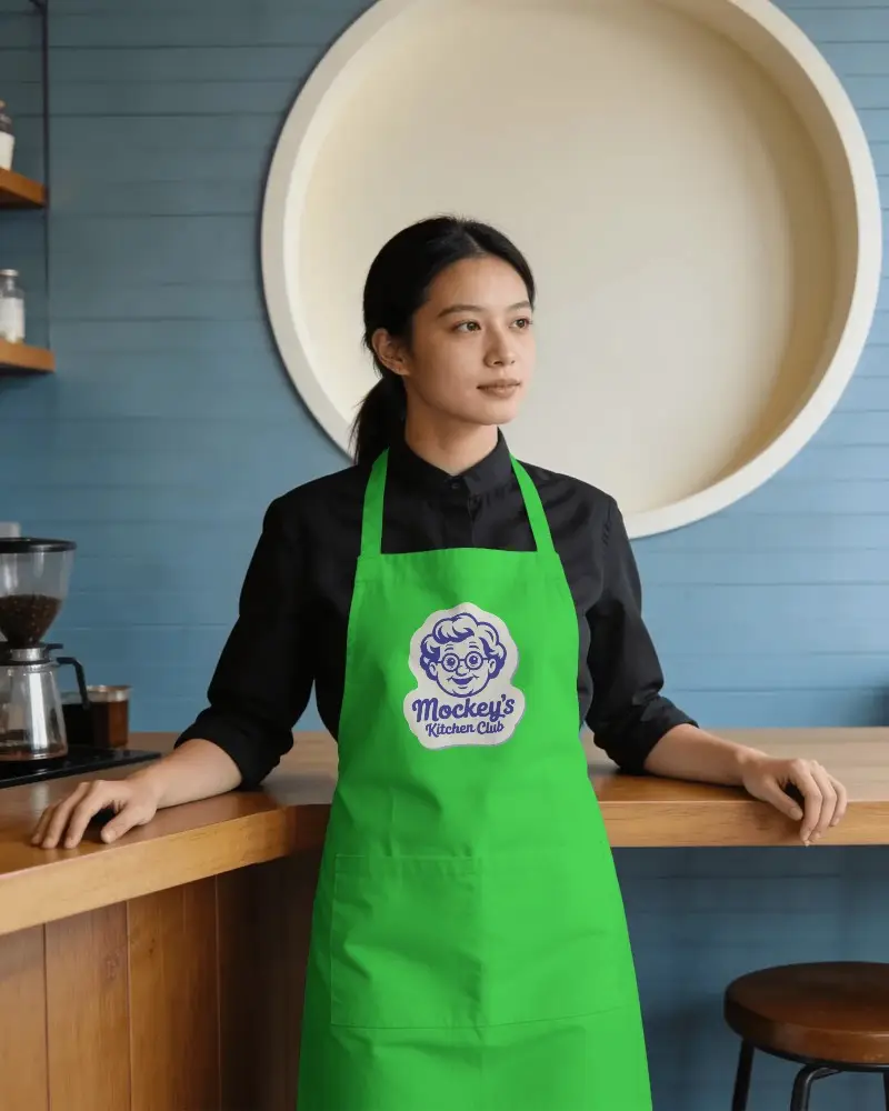 Casual Apron Mockup Showcasing Comfortable Fit For Chefs Hospitality Workers In Coffee Shop