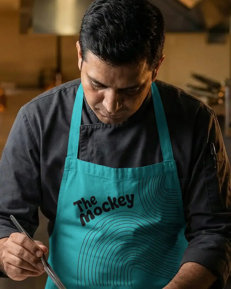 Skilled Cook Donning Durable Apron Mockup Focusing On Precise Food Preparation In Busy Kitchen